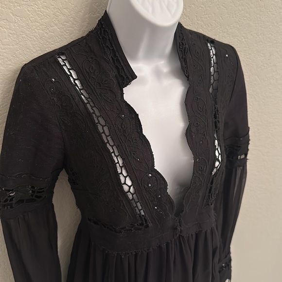 Free People Embroidered Black Mini Boho Dress 0 - Picture 2 of 7